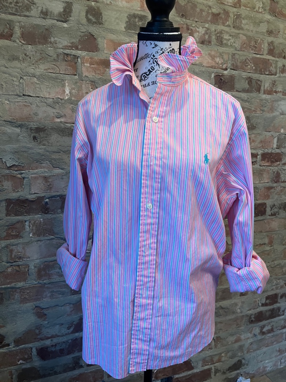 Custom reworked Ralph Lauren Pink/Blue Striped  ruffle collar w/raw hem shirt